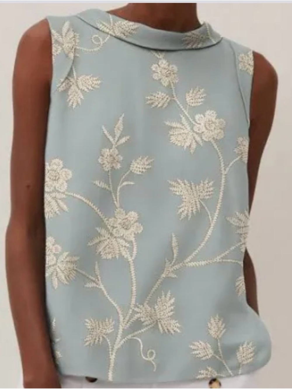 Sleeveless Floral Embroidered Mock Neck Top - Light Blue